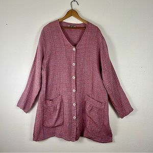 FLAX Lagenlook Button Down Long Sleeve Shirt Deep Pockets Iridescent Weave